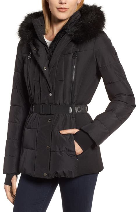 michael kors belted faux-fur trim hooded puffer coat|michael kors hooded faux fur trim quilted belted puffer coat.